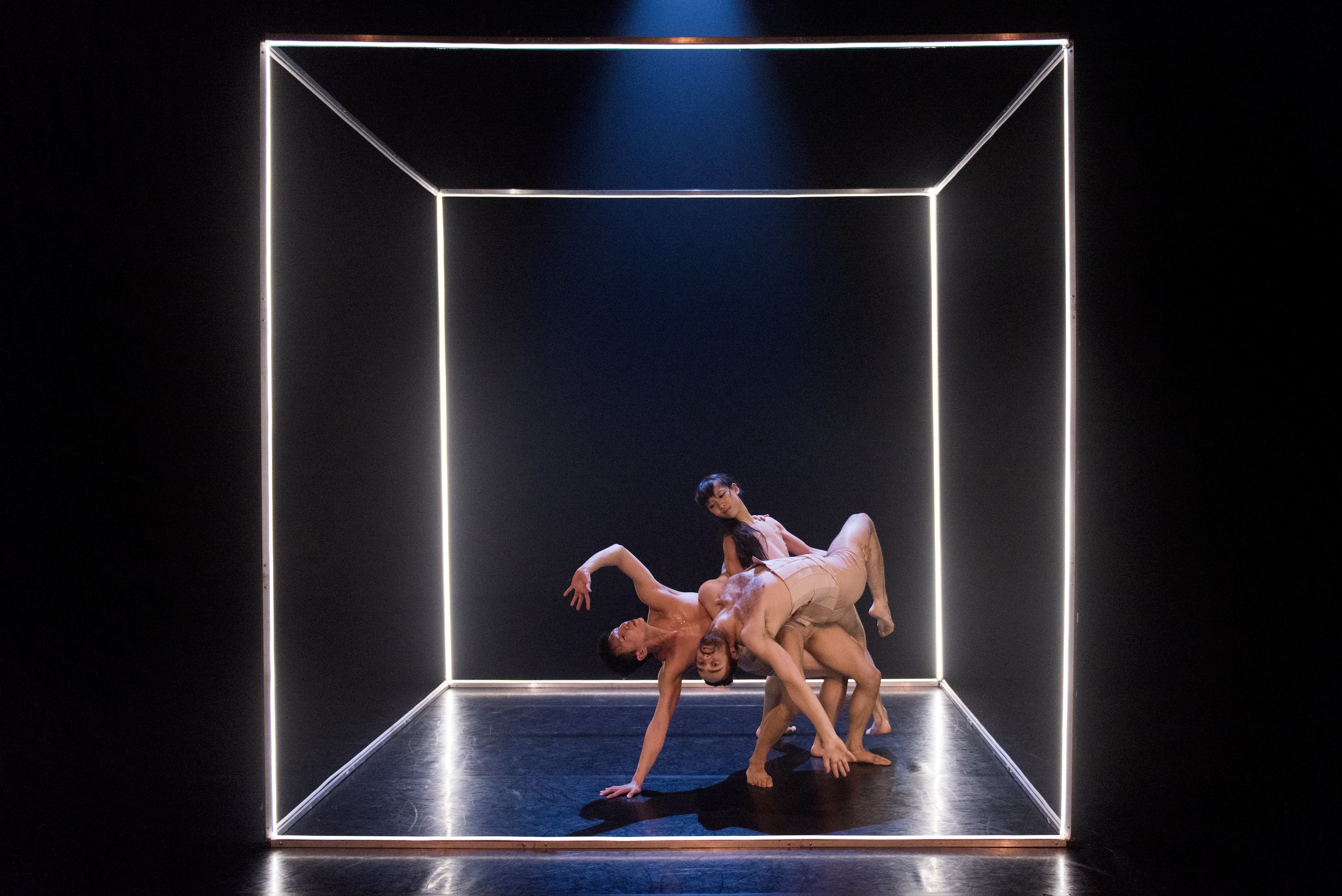 Dancers performing inside illuminated cube stage using linear LED lighting for James Cousins Company production